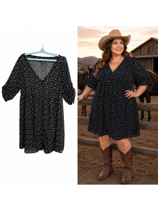 torrid Dresses & Skirts - Torrid Black & White Diamond Print Sheer Baby Doll Dress 3/4 Sleeves V-Neck 1X